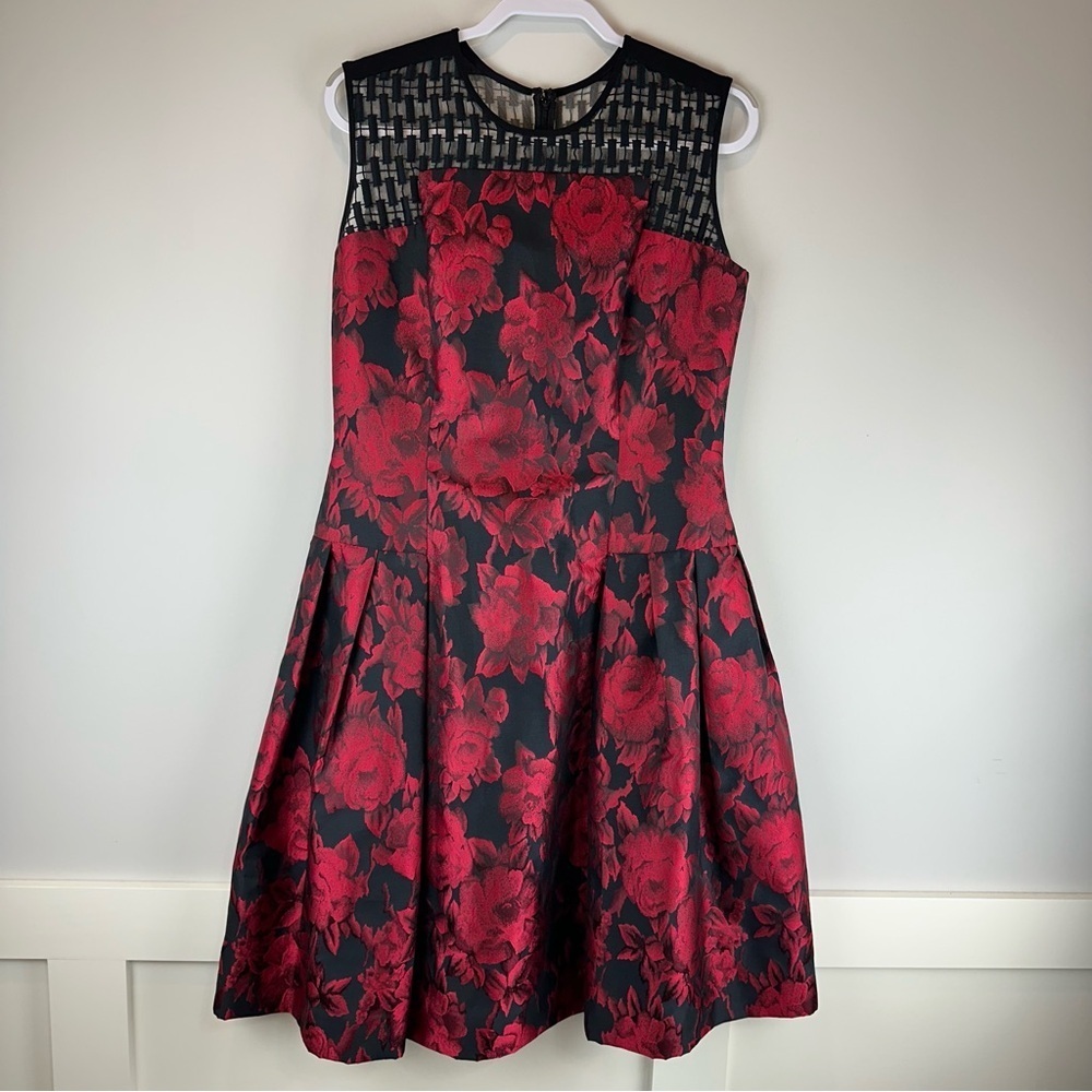 Carmen Marc Valvo Black Burning Red Floral Jacquard Fit & Flare Party Dress 12